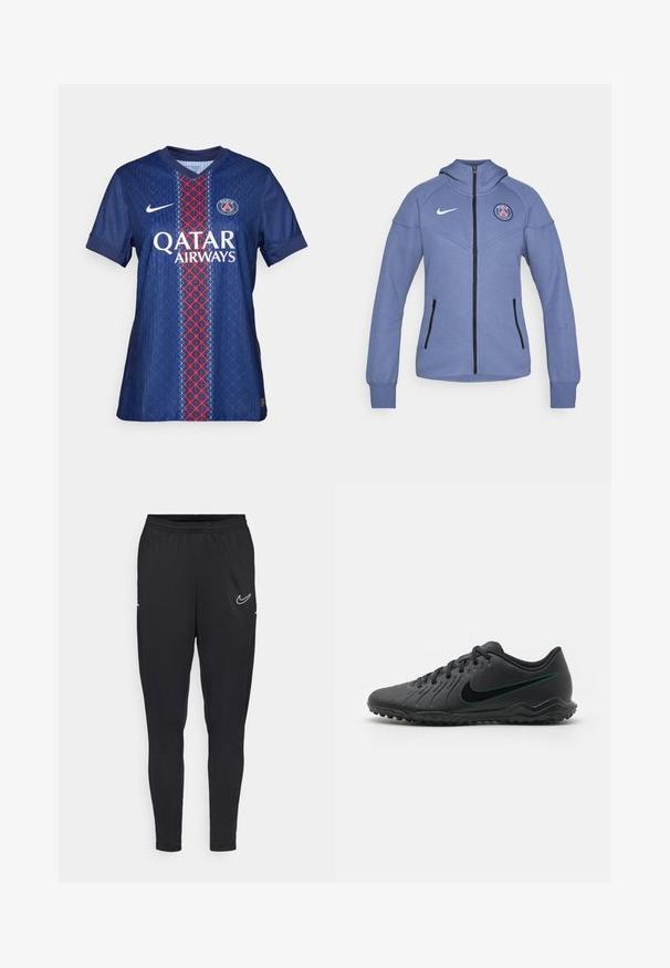 Blauwe zip-up jack van zacht materiaal, met een capuchon, zijzakken en een logo op de borst. Inclusief zwarte rits en accenten.; Paris Saint-Germain voetbalshirt in het blauw met rode en witte geometrische patronen, voorzien van een ronde halslijn, korte mouwen en het logo op de borst.; Zwarte sportbroeken van lichtgewicht stof, met een elastische tailleband, een getailleerd ontwerp en een wit Nike-logo op de bovenbeen.; Zwarte voetbalschoenen met een gestructureerde synthetische bovenkant, gebogen ontwerp, zwarte outsole en een teal Nike-logo aan de zijkant. Vetersluiting.