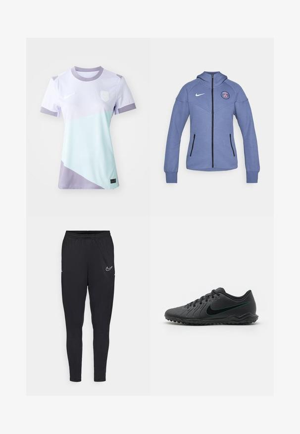 Niebieska kurtka zapinana na zamek, wykonana z miękkiego materiału, z kapturem, bocznymi kieszeniami i logo na piersi. Posiada czarny zamek błyskawiczny i akcenty.; Koszulka Nike z krótkim rękawem, w jasnofioletowym i miętowozielonym kolorze, z okrągłym dekoltem i haftowanym logo.; Czarne spodnie sportowe wykonane z lekkiego materiału, z elastyczną talią, dopasowanym krojem i białym logo Nike na udzie.; Czarne korki piłkarskie z teksturowaną syntetyczną górą, zakrzywionym wzorem, czarną podeszwą zewnętrzną i turkusowym logo Nike z boku. Zapięcie na sznurówki.