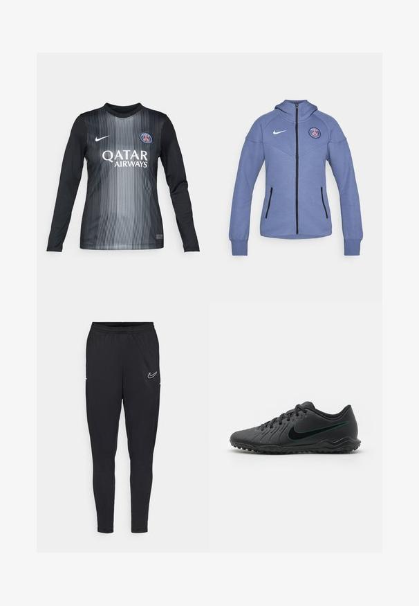 Niebieska kurtka zapinana na zamek, wykonana z miękkiego materiału, z kapturem, bocznymi kieszeniami i logo na piersi. Posiada czarny zamek błyskawiczny i akcenty.; Koszulka piłkarska z długim rękawem w kolorze czarnym i szarym, z pionowymi paskami, z okrągłym dekoltem, logo Nike oraz brandingiem Qatar Airways.; Czarne spodnie sportowe wykonane z lekkiego materiału, z elastyczną talią, dopasowanym krojem i białym logo Nike na udzie.; Czarne korki piłkarskie z teksturowaną syntetyczną górą, zakrzywionym wzorem, czarną podeszwą zewnętrzną i turkusowym logo Nike z boku. Zapięcie na sznurówki.