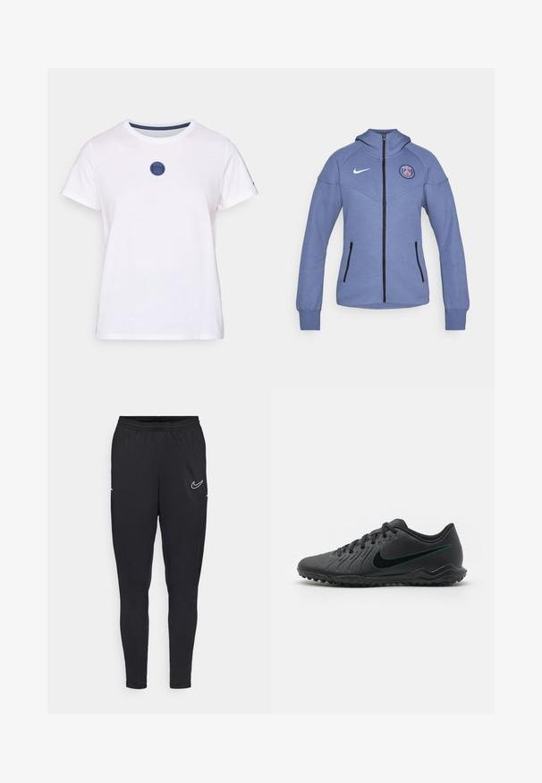 Blaue Kapuzenjacke aus weichem Material, mit Reißverschluss, seitlichen Taschen und einem Logo auf der Brust. Enthält einen schwarzen Reißverschluss und Akzente.; Weißes Baumwoll-T-Shirt mit kurzen Ärmeln, ausgestattet mit einem Rundhalsausschnitt und einem blauen runden Logo-Design auf der Brust. Glatte Textur.; Schwarze Sporthose aus leichtem Stoff, mit elastischem Bund, schmaler Passform und einem weißen Nike-Logo am Oberschenkel.; Schwarzer Fußballschuh mit strukturiertem Synthetic-Obermaterial, geschwungener Form, schwarzer Laufsohle und tealfarbenem Nike-Logo an der Seite. Mit Schnürverschluss.