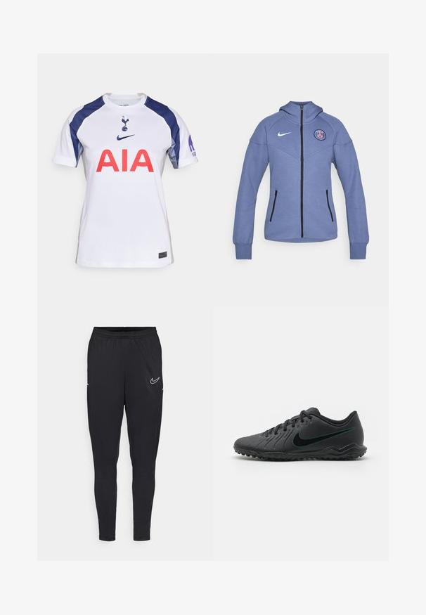 Veste zippée bleue en matériau doux, dotée d'une capuche, de poches latérales et d'un logo sur la poitrine. Comprend une fermeture éclair noire et des accents.; Maillot de football blanc à manches courtes avec des accents bleu marine, présentant un col rond, un grand logo rouge "AIA" et l'emblème de l'équipe sur la poitrine.; Pantalons de sport noirs en tissu léger, avec une taille élastique, une coupe ajustée et un logo Nike blanc sur la cuisse.; Crampons de football noirs avec une tige synthétique texturée, un design incurvé, une semelle extérieure noire et un logo Nike teal sur le côté. Fermeture à lacets.