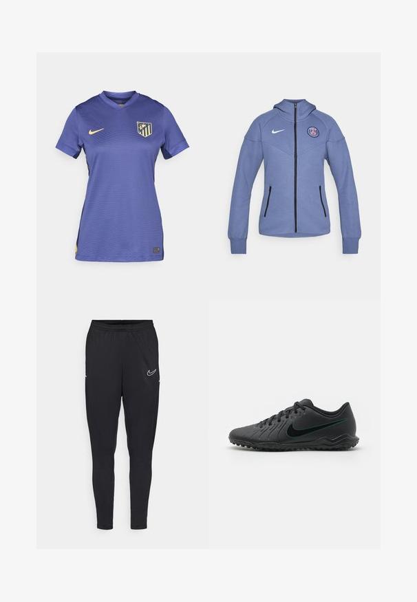 Sinine kapuutsiga tõmbluku ees olev jakk, mis on valmistatud pehmest materjalist. Sellel on küljetaskud ja rinna peal logo. Tõmblukk ja detailid on mustad.; Lilla jalgpallipusa V-kaelusega, lühikeste varrukatega, millel on kollane Nike logo ja mitme värviline meeskonna insignia rinnal.; Mustad kergekaaluline kangas mustad spordipüksid, millel on elastne vöökoht, keha lähedane lõige ja valge Nike logo reie peal.; Mustad jalgpallijalanõud tekstuurses sünteetilises ülemises osas, kumer disain, must välistald ning teal värvi Nike logo küljes. Sidumisvõimalus.