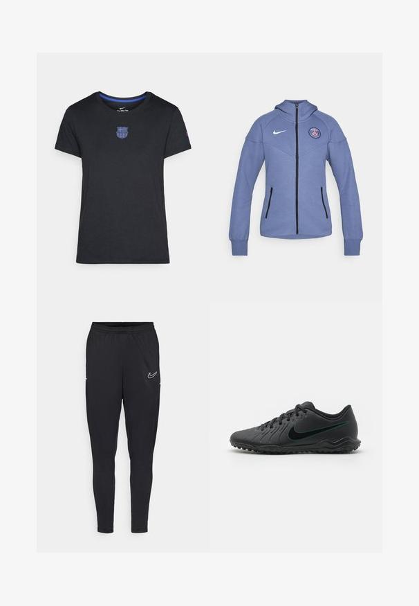 Blaue Kapuzenjacke aus weichem Material, mit Reißverschluss, seitlichen Taschen und einem Logo auf der Brust. Enthält einen schwarzen Reißverschluss und Akzente.; Schwarzes Baumwoll-T-Shirt mit kurzen Ärmeln, das ein blaues Vereinswappen auf der Brust und einen blauen Akzent am Ausschnitt aufweist.; Schwarze Sporthose aus leichtem Stoff, mit elastischem Bund, schmaler Passform und einem weißen Nike-Logo am Oberschenkel.; Schwarzer Fußballschuh mit strukturiertem Synthetic-Obermaterial, geschwungener Form, schwarzer Laufsohle und tealfarbenem Nike-Logo an der Seite. Mit Schnürverschluss.