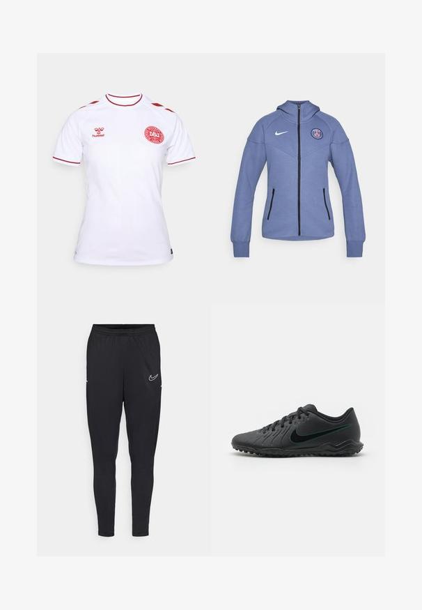Niebieska kurtka zapinana na zamek, wykonana z miękkiego materiału, z kapturem, bocznymi kieszeniami i logo na piersi. Posiada czarny zamek błyskawiczny i akcenty.; Biała koszulka piłkarska z czerwonymi akcentami, z okrągłym dekoltem, krótkimi rękawami i okrągłym logo DBU. Wykonana z lekkiego materiału.; Czarne spodnie sportowe wykonane z lekkiego materiału, z elastyczną talią, dopasowanym krojem i białym logo Nike na udzie.; Czarne korki piłkarskie z teksturowaną syntetyczną górą, zakrzywionym wzorem, czarną podeszwą zewnętrzną i turkusowym logo Nike z boku. Zapięcie na sznurówki.