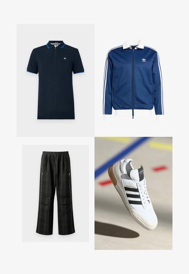 Modrá sportovní zipová bunda s bílým límcem a manžetami, se třemi bílými pruhy na rukávech a logem Adidas na hrudi.; Námořnická modrá polo triko z hladké tkaniny, s límečkem na zip, krátkými rukávy s modrými akcenty a malým logem na hrudi.; Černé kostkované kalhoty s elastickým pasem, dvěma předními kapsami a volným střihem se rovnými nohavicemi. Vyrobeny z lehkého materiálu.; Bílé tenisky Adidas Mundial Goal s černými pruhy a gumovou podrážkou, zobrazené ve vzduchu nad sportovním hřištěm s barevnými čarami.