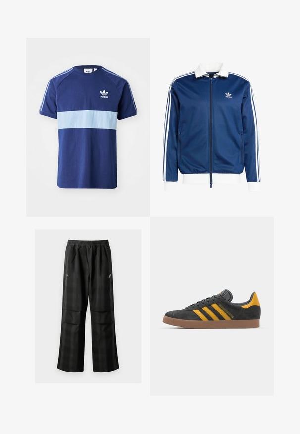 Blå idrottszipjacka med vit krage och ärmslut, med tre vita ränder längs ärmarna och en Adidas-logotyp på bröstet.; Marinblå T-shirt med ett ljusblått horisontellt rand, korta ärmar, rund hals, Adidas-logga på bröstet och kontrasterande axelränder.; Svarta rutiga byxor med elastisk midja, två framfickor och en lös passform med rak bendesign. Tillverkade av lätt material.; Svart mockaskor med gula accenter, med tre ränder och en brun gummisula. Inkluderar en vadderad tunga för extra komfort.