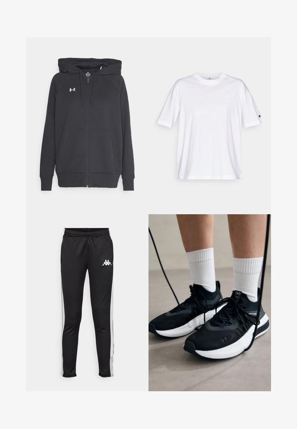 Zwarte zip-up hoodie van zachte stof, met een voorzak, een verstelbare trekkoordcapuchon en een klein wit logo op de borst.; Witte katoen t-shirt met een ronde hals, korte mouwen en een klein logo op de linkerborst. Heeft een relaxte pasvorm en een effen kleur.; Zwarte sportbroeken met witte zijkanten, een elastische tailleband en een klein wit logo op de linkse heup. Glad textuur, aansluitend ontwerp.; Zwarte sportschoenen van gestructureerde stof, met een witte zool en zwarte veters. Draag ze met witte geribde sokken, staand op een lichte ondergrond.