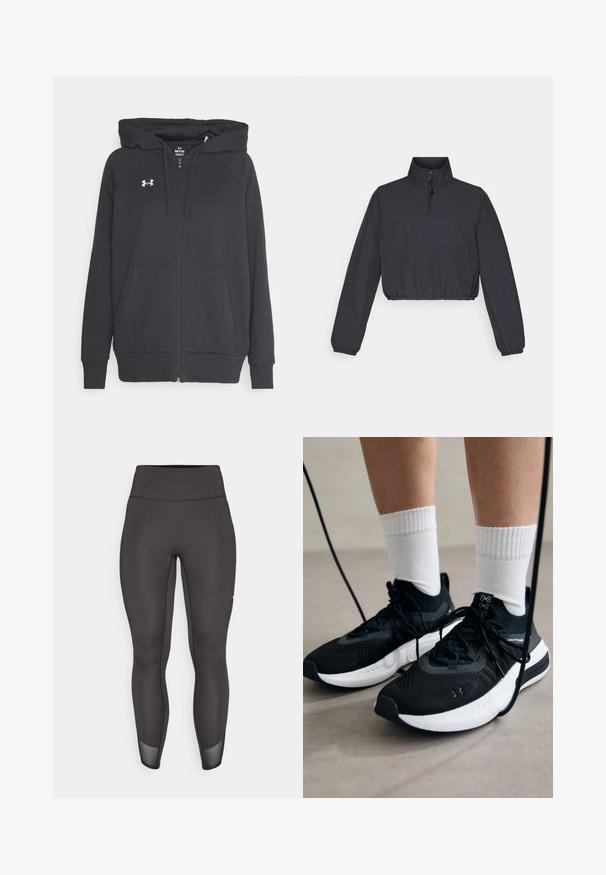 Zwarte zip-up hoodie van zachte stof, met een voorzak, een verstelbare trekkoordcapuchon en een klein wit logo op de borst.; Gekruiste zwarte jas met een hoge kraag, 1/4 ritssluiting, elastische zoom en lange mouwen; gemaakt van een soepele, lichte stof.; Zwarte legging met hoge taille, soepel stretchmateriaal, taps toelopende pasvorm, mesh accenten aan de zoom, versterkte stiksels en geen zichtbare branding.; Zwarte sportschoenen van gestructureerde stof, met een witte zool en zwarte veters. Draag ze met witte geribde sokken, staand op een lichte ondergrond.