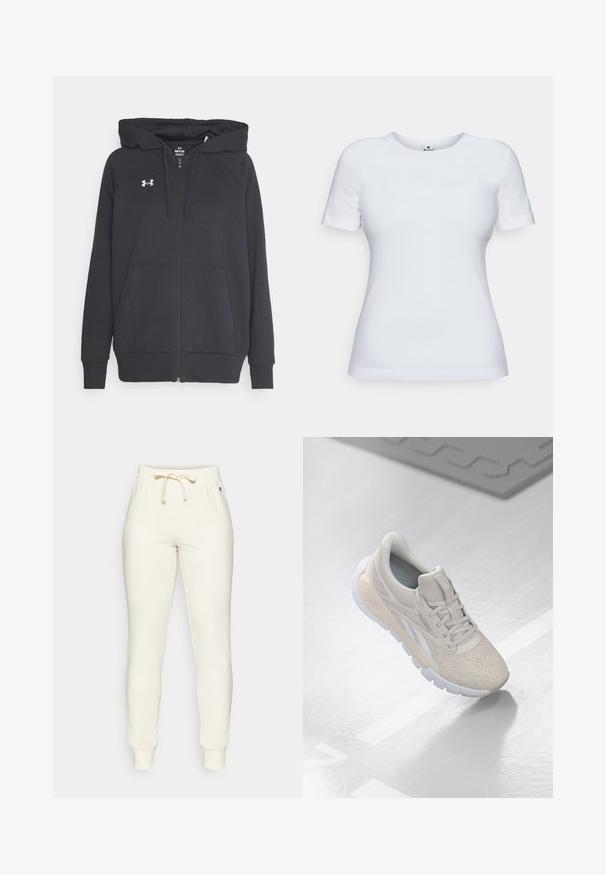 Svart zip-up hoodie i mjukt tyg, med en framficka, justerbar snoddhuva och en liten vit logotyp på bröstet.; Vit kortärmad t-shirt i bomull med rund halsringning och smal passform. Inga mönster eller detaljer synliga.; Krämfärgade sweatshirtbyxor med elastisk midja och dragsko, med ribbade mudd och en liten logotyp på sidan. Mjuk, slät textur.; Ljusbeige träningsskor med perforerat ovandel, texturerade detaljer, vadderad krage och vit gummisula, designade för komfort och andningsförmåga.
