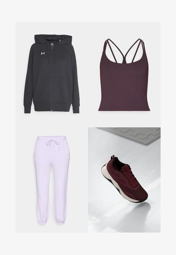 Černá mikina na zip vyrobená z měkké tkaniny, s přední kapsou, nastavovacím kapucí se stahovací šňůrkou a malým bílým logem na hrudi.; Tmavě fialový tílko vyrobené z hladkého materiálu, které má tenké dvojité ramínka a kulatý výstřih. Bezšvový lem na spodní části.; Levandulové tepláky s elastickým pasem a šňůrkou, bočními kapsami a zúženými manžetami na anklech. Měkká, hladká tkanina.; Bordová sportovní obuv s síťovaným svrškem, černými akcenty a polstrovanou bílou podešví. Obsahuje šněrování a poutko na patě.