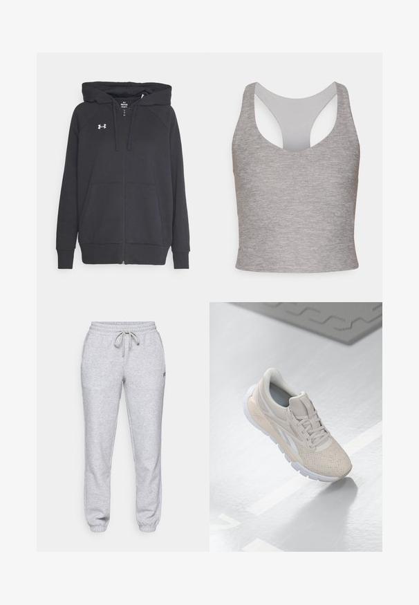 Juodas zip-up paltas, pagamintas iš minkštos medžiagos, su priekiniais kišeniniais, reguliuojamu kapisonu ir mažu baltu logotipu ant krūtinės.; Pilkos spalvos be rankovių trumpas viršus su plačia apvali kaklo iškirpte ir išpjauta nugarine dalimi. Pagamintas iš minkštos, elastingos medžiagos su lygia tekstūra.; Šviesiai pilkos sportinės kelnės su elastinga juostos dalimi ir raišteliu, susiaurėjančiais kulkšnies kraštais ir mažuoju logotipu kairėje šlaunyje. Pagamintos iš minkštos medžiagos.; Šviesiai smėliniai sportiniai batai su perforuotu viršumi, tekstūruotomis detalėmis, paminkštintu apvadu ir balta guma, sukurti komfortui ir kvėpuojamumui.