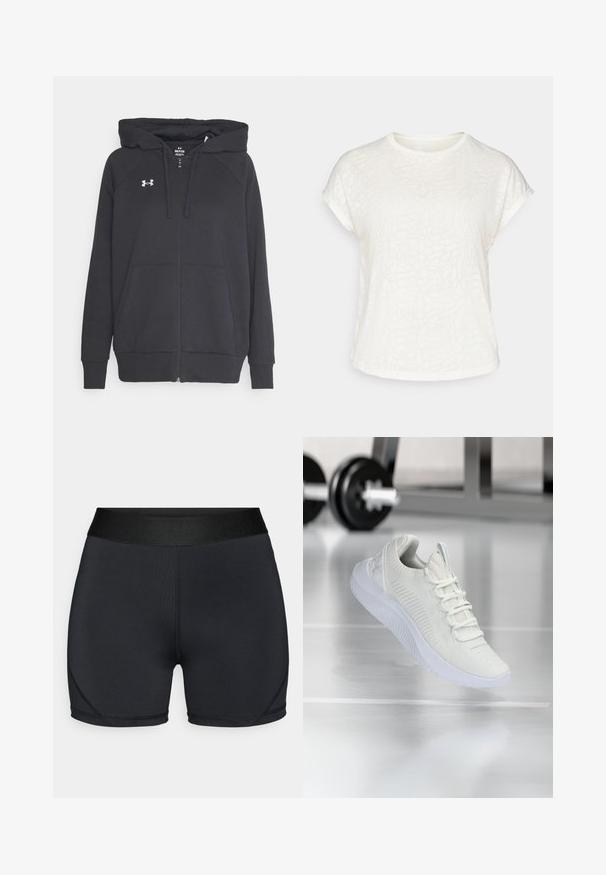 Black zip-up hoodie made of soft fabric, featuring a front pouch pocket, adjustable drawstring hood, and a small white logo on the chest.; White short-sleeve t-shirt featuring a textured floral pattern, round neckline, and relaxed fit. Made from soft, lightweight fabric.; Black athletic shorts with a smooth texture, wide elastic waistband, and curved stitching details. Made of stretchable, moisture-wicking fabric.; White athletic sneaker with a textured mesh upper and lacing system, featuring a cushioned white sole and subtle ribbed accents.