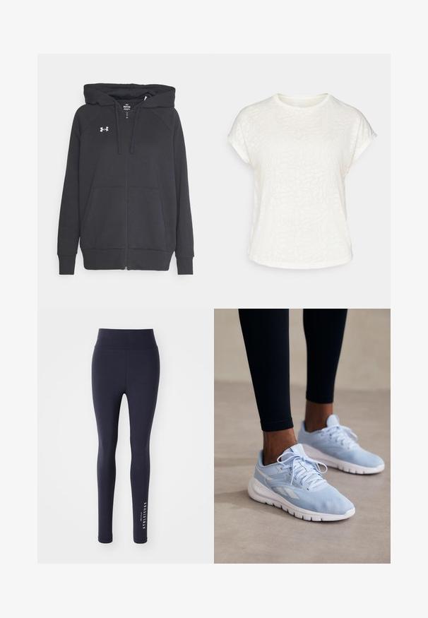 Juodas zip-up paltas, pagamintas iš minkštos medžiagos, su priekiniais kišeniniais, reguliuojamu kapisonu ir mažu baltu logotipu ant krūtinės.; Balta trumpų rankovių marškinėliai su tekstūruotu gėlių raštu, apvaliu iškirpimu ir laisvu siluetu. Pagaminti iš minkštos, lengvos medžiagos.; Tamsiai mėlyni sportiniai leginiai su aukšta juosmens linija ir lygiu paviršiumi, ant apatinės kojos turi užrašą "ONLY PLAY ATHLEISURE" baltos spalvos.; Šviesiai mėlyni sportiniai batai su tinkline medžiaga, paminkštintu apvadu ir balta pado dalimi. Su raišteliais ir kontrastingomis baltomis šoninėmis juostelėmis.