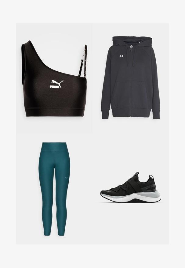 Felpa nera con zip realizzata in tessuto morbido, dotata di tasca a marsupio frontale, cappuccio con cordino regolabile e un piccolo logo bianco sul petto.; Reggiseno sportivo nero con una spallina, che presenta un logo Puma bianco. Tessuto liscio e elastico con un design elegante e dettagli a contrasto sulla spallina.; Leggings sportivi color teal con vita alta, realizzati in materiale elastico. Presentano un piccolo logo sulla parte bassa della gamba destra e cuciture piatte.; Scarpa sportiva nera con tomaia testurizzata, cinghie elastiche e una spessa suola intermedia bianca. Presenta un accento grigio lungo la suola.