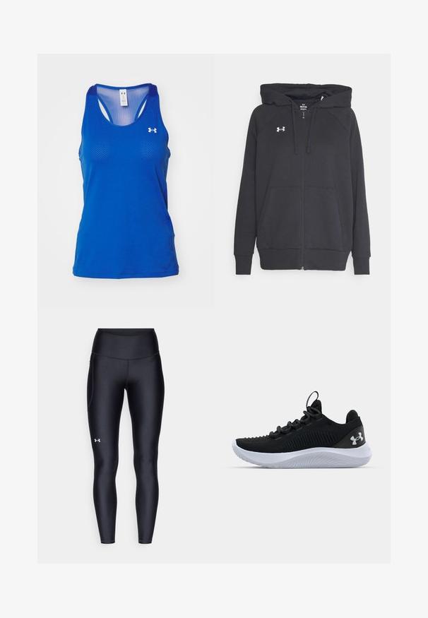 Mustat vetoketjuhupparit, jotka on valmistettu pehmeästä kankaasta. Hupparissa on etupuolella tasku, säädettävä nyörihuppu ja pieni valkoinen logo rinnassa.; Under Armour TECH RACER - Toppi - tech blue/white; Mustat legginsit, jotka on valmistettu sileästä ja venyvästä materiaalista, korkealla vyötäröllä. Vasemmassa reidessä on valkoinen logo ja istuva muotoilu.; Mustat urheilukengät, joissa on hengittävä verkkomateriaali, tekstuuriset yksityiskohdat ja valkoinen kumipohja. Varustettu litteillä nauhoilla ja kantapään vetotarralla.