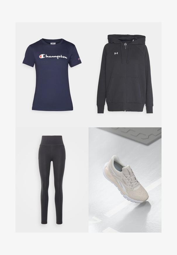 Black zip-up hoodie made of soft fabric, featuring a front pouch pocket, adjustable drawstring hood, and a small white logo on the chest.; Navy blue cotton t-shirt with short sleeves, featuring a white "Champion" logo. Regular fit with a crew neck and soft texture.; Black leggings made of stretchy fabric with a high waist, featuring side pockets and flat seams for a smooth finish.; Light beige athletic shoe with a perforated upper, textured accents, padded collar, and white rubber sole, designed for comfort and breathability.