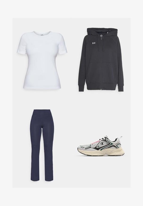 Svart zip-opp hettegenser laget av myk materiale, med en frontlomme, justerbar snor i hetta, og en liten hvit logo på brystet.; Hvit kortermet t-skjorte laget av bomull, med rund hals og slim fit. Ingen mønstre eller detaljer synlige.; Marineblå, tettsittende yogabukser med høy midje og rette ben laget av et glatt, elastisk stoff. Ingen synlige mønstre eller detaljer.; Sportsko-sneakers med mesh-overdel i grå og hvit, sorte detaljer, en chunky kremfarget såle og rosa og teal design elementer.