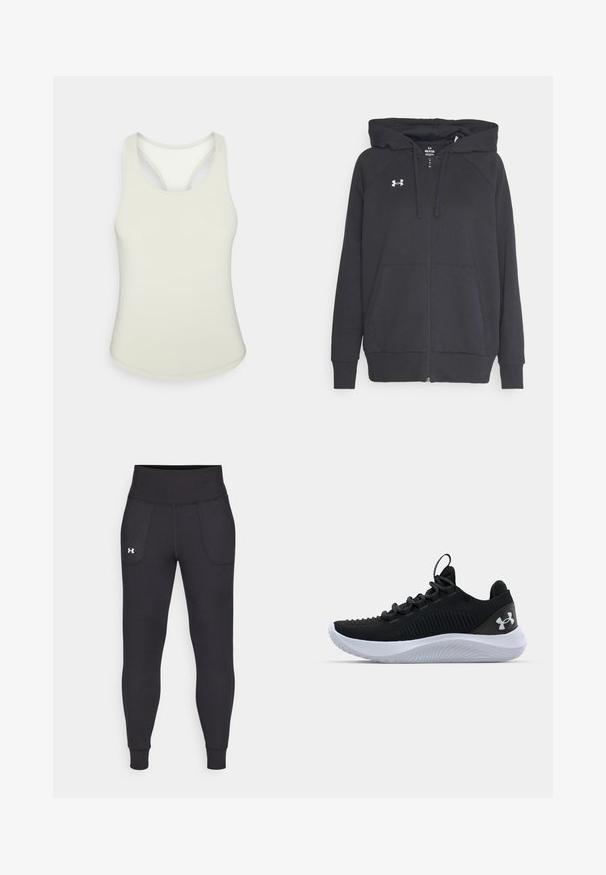 Juodas zip-up paltas, pagamintas iš minkštos medžiagos, su priekiniais kišeniniais, reguliuojamu kapisonu ir mažu baltu logotipu ant krūtinės.; Šviesiai žalia sportinė marškinė su apvaliu iškirpimu ir lenkta nugara. Pagaminta iš lygaus tampraus audinio. Nėra matomų raštų ar akcentų.; Juodos sportinės leginsai, pagaminti iš tamprių medžiagų, su aukštu juosmeniu, šoninėmis kišenėmis ir priglundančiomis blauzdų manžetėmis.; Juodi sportiniai batai su kvėpuojančia tinkline viršutine dalimi, tekstūruotais akcentais ir balto gumos padu. Yra lygios raišteliai ir užkulnio kilpa.