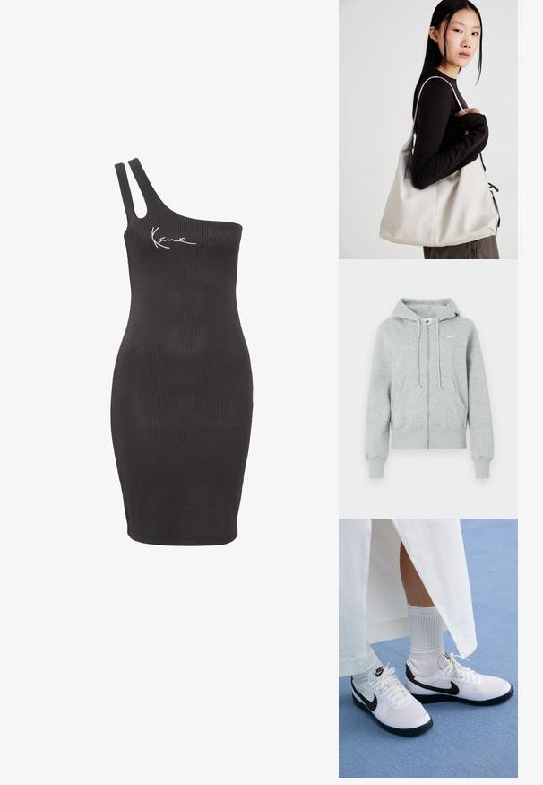 Gaiši pelēks Nike kapučjaka ar rāvējslēdzēju, ar kapuci, priekšējām kabatām, auklām, ribu aprocēm un balto Nike swoosh logotipu uz krūšu daļas.; Melna svārku kleita ar vienu plecu dizainu, kurai ir plānas siksnas un balta zīmola logo uz krūtīm. Gluda tekstūra visā kleitā.; Baltas Nike apavi ar melniem akcentiem, kas izgatavoti no gludas ādas, baltām auklām un izturīgiem gumijas zoleiem, savienoti ar baltām ribotām zeķēm.; Bežs rokassoma, izgatavota no mīksta materiāla, ar brīvu dizainu, izšūtu apdari un divām plecu siksnām. Piemērota ikdienas lietošanai.