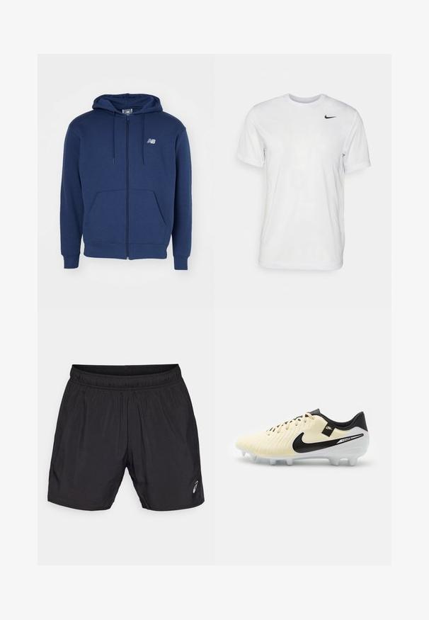 Felpa con zip color blu navy realizzata in tessuto morbido, dotata di tasca a marsupio, cappuccio regolabile con cordino e logo sul petto.; T-shirt bianco a maniche corte in tessuto morbido. Presenta un collo rotondo e un piccolo logo Nike nero sul lato sinistro del petto.; Pantaloni sportivi neri realizzati in materiale leggero, con una vita elastica e un piccolo logo sul lato sinistro inferiore.; Scarpone da calcio con tomaia crema, design in pelle testurizzata, dettagli neri e suola bianca con tacchetti alti per la trazione.