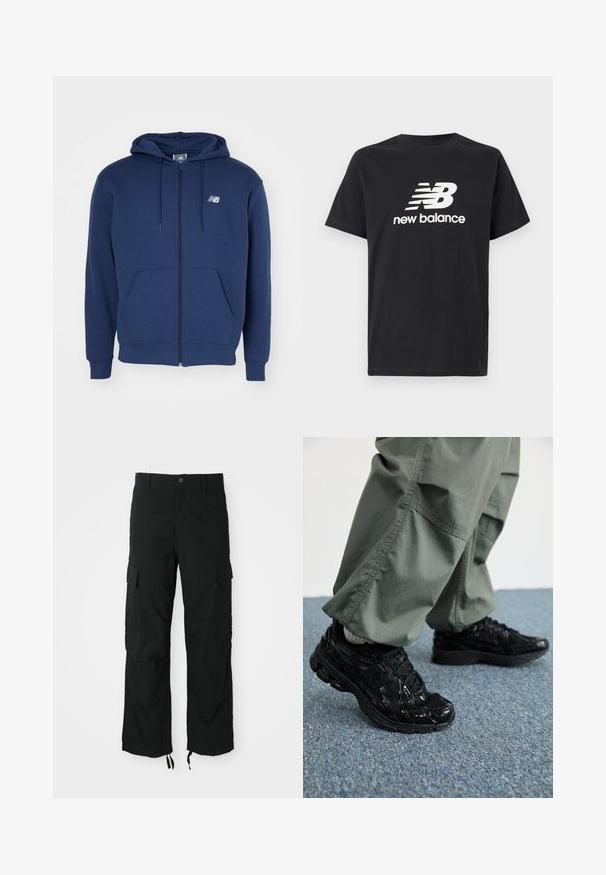 Chaqueta con cremallera de color azul marino hecha de tejido suave, con un bolsillo canguro, capucha ajustable con cordón y un logotipo en el pecho.; Camiseta de algodón negra con un logo blanco de New Balance y un diseño gráfico en la parte frontal. Mangas cortas y cuello redondo.; Pantalones cargo negros hechos de tela durable, con dos bolsillos laterales, cierre de botón y dobladillos ajustables para un ajuste suelto y relajado.; Zapatillas deportivas negras con texturas brillantes y de malla, que presentan una suela gruesa y cordones, combinadas con pantalones cargo holgados de color verde oliva.