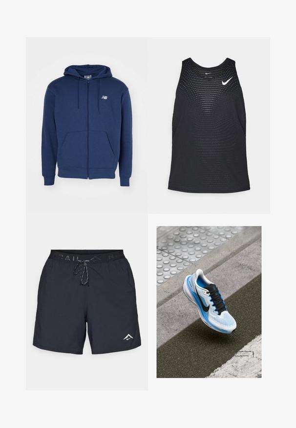 Tumši zila ar rāvējslēdzēju aizverama kapuce, kas izgatavota no mīksta auduma, ar kenguru kabatu, regulējamu saites kapuci un logo uz krūtīm.; Melnā sporta bezsleeve tops ar perfojumu un apaļu dekoltē. Uz krūtīm ir balts Nike logos.; Melnas sporta bikses ar elastīgu jostu, kas aprīkota ar auklu, sānu logo un gludu, vieglu audumu, kas piemērots aktīvam dzīvesveidam.; Balti un zili skriešanas apavi ar melnām auklēm un Nike zīmi, kas karājas virs asfalta un trotuāra malas.