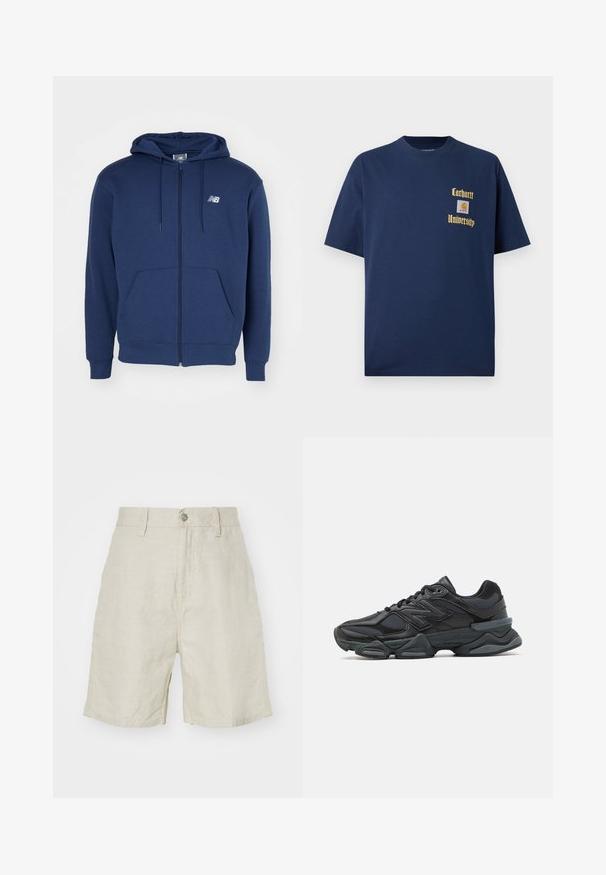 Marineblauer Hoodie mit Reißverschluss aus Baumwolle, mit einer Fronttasche, verstellbarer Kapuze mit Kordelzug und weißem Logo auf der Brust.; Marineblaue Baumwoll-T-Shirt mit kurzen Ärmeln, mit goldener Schrift "Carhartt University" und einem Logo-Patch auf der linken Brust.; Leinen-Shorts in hellem Beige mit hoher Taille, Knopfverschluss und seitlichen Taschen. Sanfte Textur mit lockerer Passform.; Schwarzer Laufschuh mit einer Mischung aus Mesh- und sinthetischen Materialien, dicke Sohle, geschwungenes Design und auffälliger Markenkennzeichnung an der Seite.