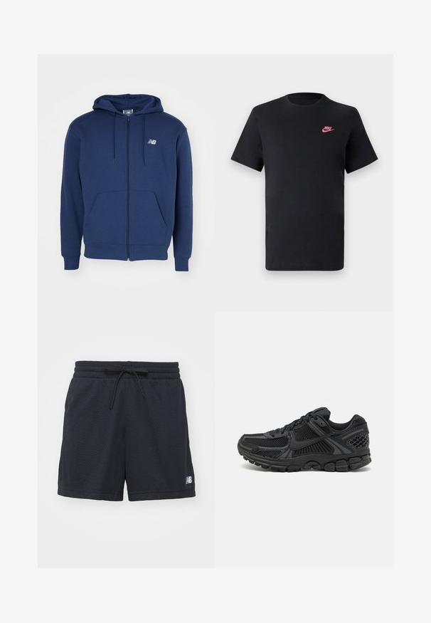 Marineblå hettegenser med glidelås laget av mykt stoff, med kengurulomme, justerbar snorhette og logo på brystet.; Svart bomull T-skjorte med rund hals og korte ermer. Har en rosa Nike-logo på øvre venstre side. Glatt tekstur.; Svarte mesh treningsshorts med elastisk midje og snøring, samt en liten hvit logo nederst til høyre.; Sorte atletiske sko med mesh-overdel, gummisåle og teksturerte detaljer. Designet inkluderer uttalt snøringssystem og polstret såle.