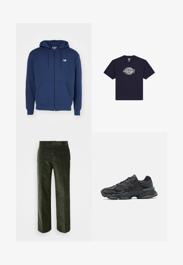 Marinblå huvtröja med dragkedja av bomull, med framficka, justerbar dragsko i huvan och vit logotyp på bröstet.; Marinblå kortärmad t-shirt med vitt "Dickies"-logotyp centrerat på bröstet och liten etikett nära nederkanten.; Mörkgröna corduroybukser med rak bendesign, med platt midjeband och sidofickor. Mjuk textur med vertikal ribbad yta.; Svart löparsko med en kombination av mesh och syntetiska material, kraftig sula, rundad design och framträdande varumärkning på sidan.