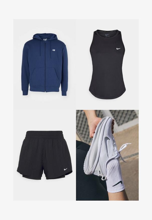 Dunkelblaue Zip-Hoodie aus weichem Stoff, mit einer Kängurutasche, verstellbarem Kordelzug an der Kapuze und Logo auf der Brust.; Schwarzes Sporttanktop aus feuchtigkeitsableitendem Material. Mit Rundhalsausschnitt, enger Passform und weißem Nike-Logo auf der Brust.; Schwarze Sportshorts mit einem gerafften elastischen Bund, Innenfutter und weißem Nike-Logo auf der unteren linken Seite. Glatter, leichter Stoff.; Weißer Sportschuh mit strukturiertem Design und grauem Nike-Logo, über einer weißen Socke gehalten. Der Schuh hat eine flexible Sohle und Schnürsenkel.