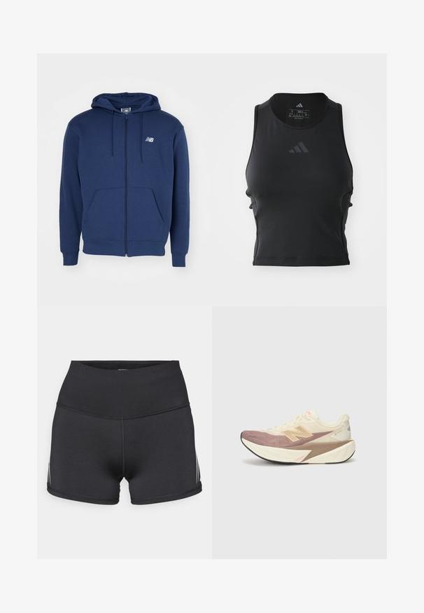 Hoodie zippé bleu marine en tissu doux, avec une poche kangourou, un capuche ajustable avec cordon de serrage, et un logo sur la poitrine.; Débardeur de fitness noir, court, fabriqué en tissu lisse et extensible ; présente un col rond et un petit logo réfléchissant à l'avant.; adidas Performance ADIZERO - Legging court de running - black; Chaussure de course avec un dessus crème, des accents roses et des détails gris. Présente une semelle épaisse avec une surface texturée et un logo proéminent.