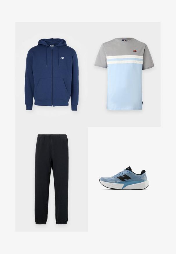 Dunkelblaue Zip-Hoodie aus weichem Stoff, mit einer Kängurutasche, verstellbarem Kordelzug an der Kapuze und Logo auf der Brust.; Kurzarm-T-Shirt in Grau und Hellblau, mit horizontalen weißen Streifen und einem kleinen Logo auf der Brust. Baumwollmaterial, lässiges Design.; Schwarze Jogginghosen mit elastischem Bund und schmal zulaufenden Knöcheln; aus weichem, dehnbarem Stoff gefertigt, mit einem minimalistischen Design ohne Muster.; Hellblaues Lauf Schuh mit schwarzem Logo, dicke weiße Sohle und schwarzem Innenfutter, von der Seite auf einem weißen Hintergrund betrachtet.
