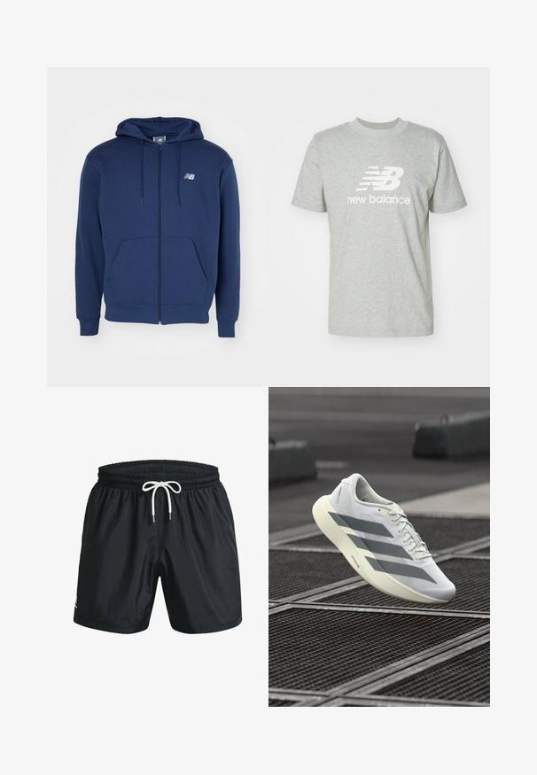 Temno modra bombažna jopa z zadrgo, ki ima sprednji žep, kapuco z nastavljivim vrvico in bel logotip na prsih.; Svetlo siva bombažna majica z kratkimi rokavi, okroglo ovratnikom in belim logotipom "New Balance" v ospredju.; Črne kopalne hlače iz lahkega materiala, z elastičnim pasom in belim vezanjem ter stranskimi žepi. Gladka tekstura, preprost dizajn.; Bela športna obutev z zgornjim delom iz teksturirane mrežice, opremljena s sivimi črtami in podloženim podplatom. Lahka zasnova, primerna za tek.