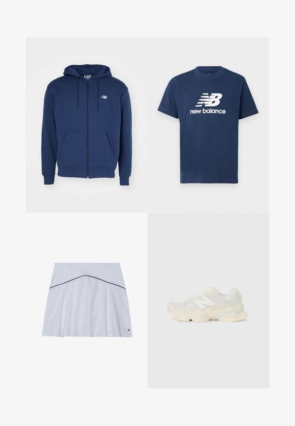 Tamsiai mėlynas zip-up džemperis, pagamintas iš minkštos medžiagos, su kengūros kišenėmis, reguliuojamu gaubtu ir logotipu ant krūtinės.; Tamsiai mėlynas medvilninis marškinėliai trumpomis rankovėmis ir apvaliu kaklu. Priekyje yra baltas "NB" logotipas ir "new balance" tekstas.; Balta sportinė sijonas su platėjančia apatine dalimi, su tamsiai mėlyna akcento linija per liemenį ir logotipu apatiniame dešiniajame kampe.; Lengvas sportinis batelis su tinklinio ir zomšinės viršutine dalimi švelniu kremo atspalviu, turi masyvų pado dizainą ir trimatį akcentą.