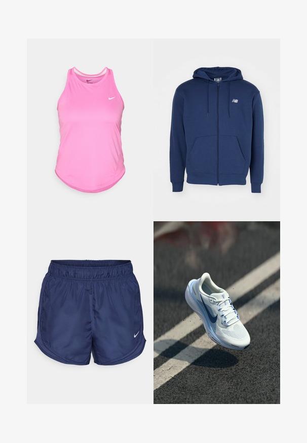 Tumed sinine üldriided, mis on valmistatud pehmest kangast, jalakotiga, sääd可拉绳aga kapuutsiga ja rinnal logoga.; Roosa sporditop, millel on ümar äärejoon, valmistatud siledast ja kergest kangast; esiosas on väike valge Nike logo.; Laevanduse spordilühikesed püksid elastse vööga ja külgmiste võrkdetailidega. Vasakul alapoole on väike valge Nike logo.; Valge sportlik king, millel on hingav võrkkangas ja sinised aktsendid. Omab pehmet talla ja tasaseid paelu. Kesksolel on „Air Zoom“ brändingu märge.