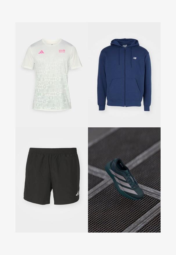 Tumed sinine üldriided, mis on valmistatud pehmest kangast, jalakotiga, sääd可拉绳aga kapuutsiga ja rinnal logoga.; adidas Performance BER25 AOP TEE - Spordi T-särk - crystal jade; Mustad mustus treeningpükstest elastse vöökoha, külgrihmade ja peegeldavate logo elementidega. Valmistatud kergest ja siledast kangast.; Tumed teal sportjalats tekstuuriga ülemise osaga, millega kaasneb kolm valget triipu, ümar varvas ja pehmendusega tallad.