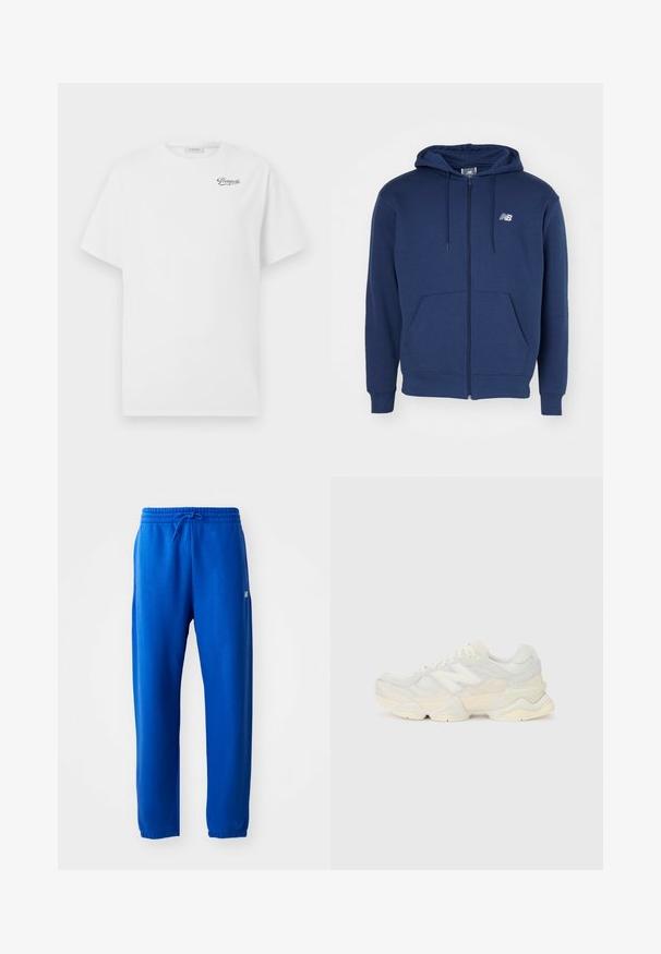 Marineblå hettegenser med glidelås laget av mykt stoff, med kengurulomme, justerbar snorhette og logo på brystet.; Hvit bomull t-skjorte med korte ermer og rund hals, med en svart "Pompeii" logo på venstre bryst. Myk, jevn tekstur.; Blå joggebukser laget av mykt stoff, med elastisk midjebånd og snøring, smale ben og en liten logo-detalj på siden.; Lett sneaker med en overdel i mesh og semsket skinn i myke kremtoner, med en kraftig såle og tredimensjonale detaljer.