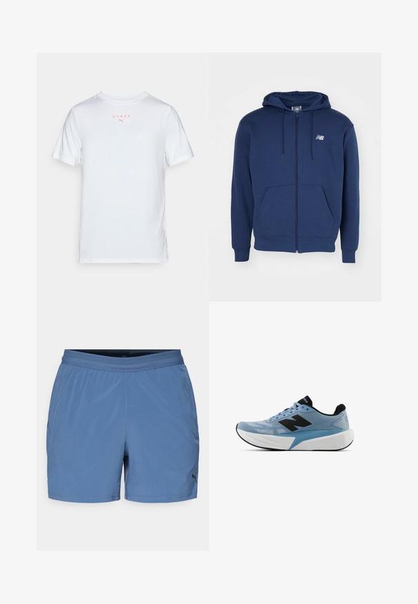 Námornícky modrá zipová mikina vyrobená z mäkkého materiálu, s klokankovou vreckom, nastaviteľnou kapucňou so sťahovacou šnúrkou a logom na hrudi.; Biela atletická tričko s krátkymi rukávmi, s nápisom "HYROX" a malým logom v koralovej farbe. Hladká textúra, okrúhly výstrih, bežný strih.; Modré atletické šortky s elastickým pásom, vyrobené z ľahkej hladkej tkaniny; s logom na dolnej prednej ľavej strane.; Svetlo modrá bežecká obuv s čiernym logom, hrubou bielou podrážkou a čiernym vnútorným podšitím, zobrazená z boku na bielom pozadí.