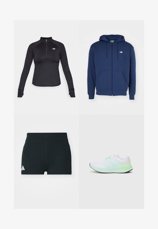 Navy blue zip-up hoodie made of soft fabric, featuring a kangaroo pocket, adjustable drawstring hood, and logo on the chest.; Black long-sleeve athletic top with a half-zip collar, textured fabric, and a small gray logo on the left chest. Form-fitting design.; Black athletic shorts made of stretchy fabric, featuring a high waistband, fitted shape, and white Adidas logo on the left side.; White athletic shoe with mesh upper, lime green accents, and black sole. Features three stripes design on the side and padded collar.