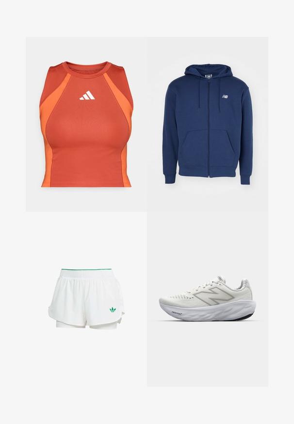 Marineblå hættetrøje med lynlås, lavet af bomuld, med en forlomme, justerbar snøre i hætten og hvidt logo på brystet.; Orange atletisk crop top lavet af glat, strækbart materiale. Har en racerback-design og hvidt logo på forsiden.; Hvide atletiske shorts med et lagdelt design, elastisk talje, grønne detaljer og et lille grønt logo nederst til venstre.; Hvide sportssko med en mesh-overdel, der har en polstret krave, struktureret sål og "Fresh Foam" branding på mellemsålen.