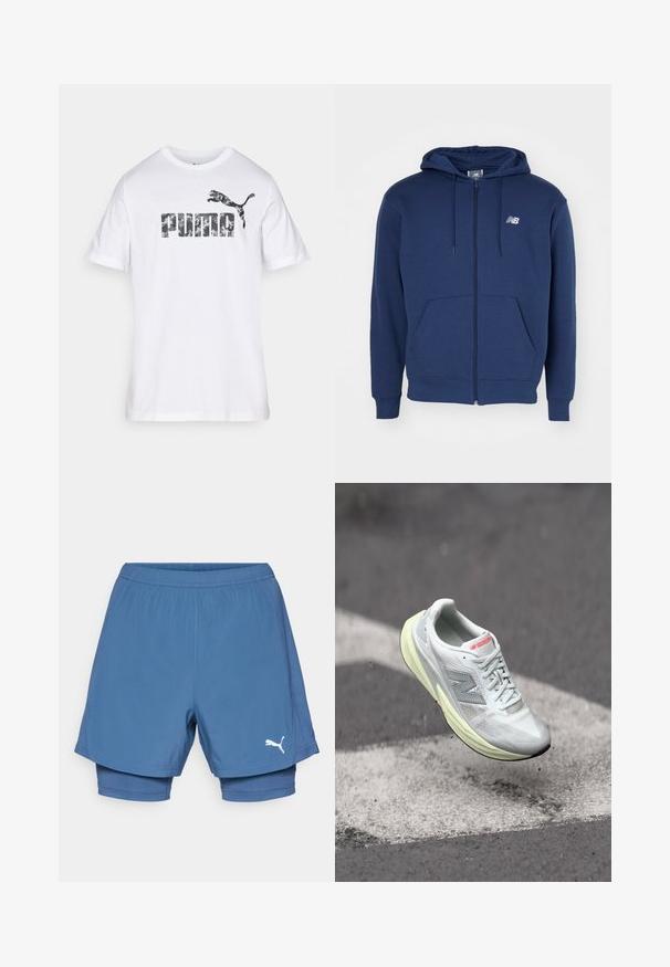 Navy sininen vetoketjullinen huppari, joka on valmistettu pehmeästä kankaasta. Siinä on kengurupussi, säädettävä nyöri huppua varten ja logo rinnassa.; Valkoinen lyhythihainen t-paita, joka on valmistettu puuvillasta. Siinä on suuri kamouflagedesainilla varustettu "PUMA"-logo, jonka yläpuolella on hyppivä puman kuva.; Puma siniset urheilushortsit kerrosrakenteella, joissa on joustava vyötärö, sileä pinta ja valkoinen logo alalegissä.; Kevyt juoksukenkä valkoisella verkkomateriaalilla, keltaisella välipohjalla ja harmailla yksityiskohdilla. Varustettu erottuvalla 'N' -logolla ja rakenteellisella pinnalla.
