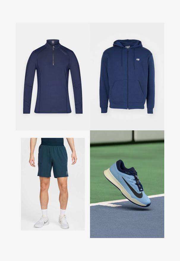 Marineblå hettegenser med glidelås laget av mykt stoff, med kengurulomme, justerbar snorhette og logo på brystet.; Marineblå langermet halv-zip genser i et glatt og elastisk stoff. Har kontrasterende sømmer og en høy krage med et merke.; Mørkeblå treningsshorts med elastisk midjebånd, doble sidelommer og en liten logodetalj nederst til høyre. Lett stoff.; Lys blå idrettssko med marineblå detaljer, teksturert mesh-overdel og svart Swoosh-logo. Har en polstret midtsåle og gummisåle.