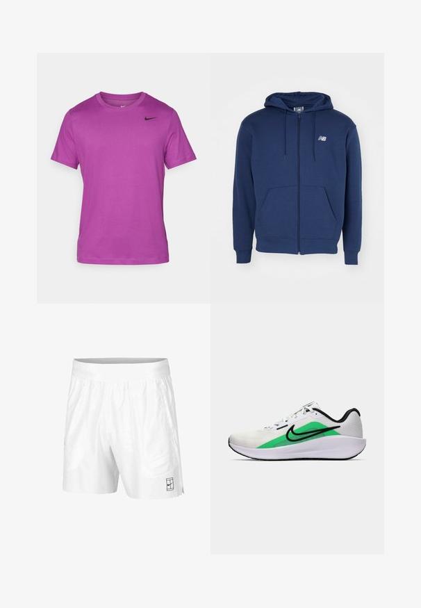Tumed sinine üldriided, mis on valmistatud pehmest kangast, jalakotiga, sääd可拉绳aga kapuutsiga ja rinnal logoga.; Lillasest lühikeste varrukatega t-särk, mis on valmistatud pehmest kangast. Omab ümmargust kaelust ja musta Nike logo vasakul ülanurgas.; Valged spordilühikesed püksid, mis on valmistatud kergest kangast, elastse vöökoha ja kahe küljetaskuga. Hemmi peal on väike must logo.; Valge spordijalats, millel on roheline aktsent, must logo, võrkmaterjalist pealisosa, pehmendusega tallad ja ümar kannaosa. Omab paelu ja kontrastset detaili.