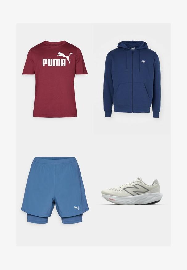 Felpa con zip color blu navy realizzata in tessuto morbido, dotata di tasca a marsupio, cappuccio regolabile con cordino e logo sul petto.; T-shirt corto rosso mogano realizzato in morbido tessuto, con un grande logo bianco "PUMA" e un'immagine di un puma in salto sulla parte anteriore.; Pantaloni corti sportivi Puma blu con un design a strati, caratterizzati da una vita elastica, una consistenza liscia e un logo bianco sulla gamba inferiore.; Scarpa da corsa bianca con accenti grigi. Parte superiore in rete, suola testurizzata e logo "N" prominente. Presenta un colletto imbottito e etichetta "Fresh Foam".