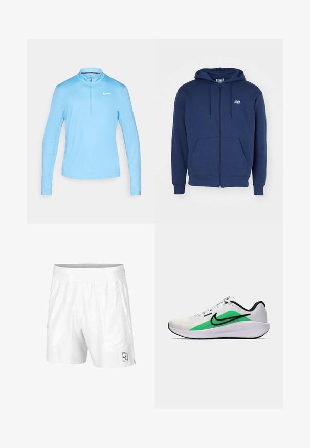 Dunkelblaue Zip-Hoodie aus weichem Stoff, mit einer Kängurutasche, verstellbarem Kordelzug an der Kapuze und Logo auf der Brust.; Helles blaues, langärmliges Sportoberteil mit einem Reißverschlusskragen, gefertigt aus glattem Stoff und mit dem weißen Nike-Logo auf der linken Brust.; Weiße Sportshorts aus leichtem Gewebe mit einem elastischen Bund, ausgestattet mit zwei Seitentaschen und einem kleinen schwarzen Logo am Saum.; Weißer Sportschuh mit grünem Akzent, schwarzem Logo, oberer Schicht aus Netzmaterial, gepolsterter Sohle und abgerundetem Absatz. Verfügt über Schnürsenkel und kontrastierende Details.
