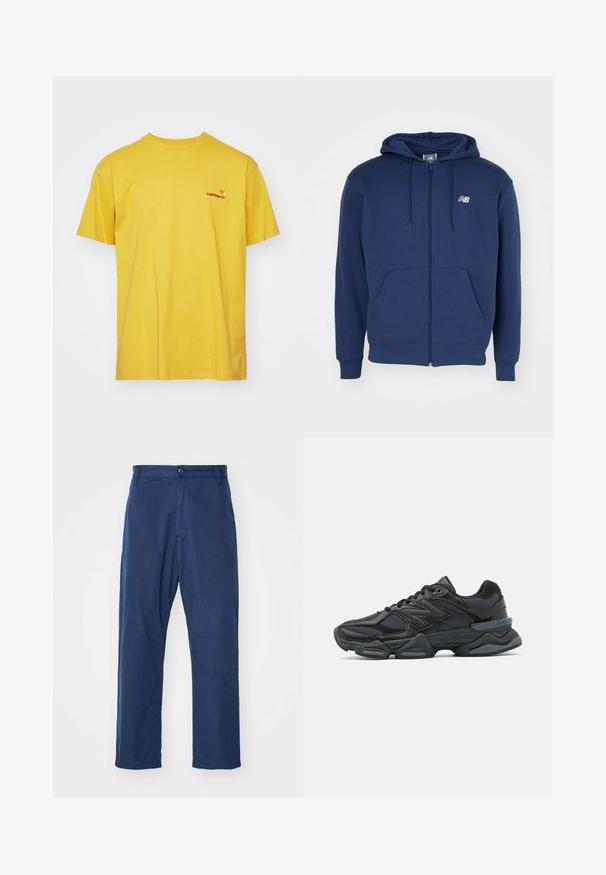 Sötétkék zipzáras kapucnis felső puha anyagból, kenguruzsebbel, állítható húzózsinórral a kapucnin és logóval a mellrészen.; Sárga pamut póló rövid ujjakkal, kerek nyakkal, és egy kis piros logóval a bal mellrészen. Simának tűnő textúra, hétköznapi dizájn.; Tengerészkék, egyenes lábú, pamut nadrág. Elöl gombos záródással és finom textúrával rendelkezik, oldalzsebekkel és övhurkokkal.; Fekete futócipő, mely háló és szintetikus anyagok keverékéből készült, vastag talppal, ívelt kialakítással és hangsúlyos logóval az oldalon.