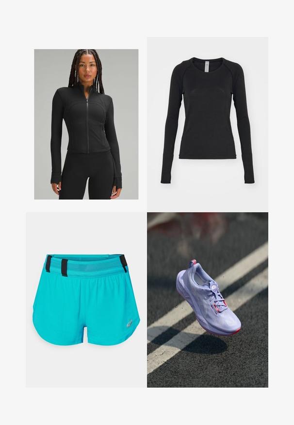 Čierna športová bunda s vysokým golierom, plným zipsom, priliehavým strihom, plochými švami a otvormi pre palce na manžetách. Hladká, elastická tkanina.; Čierna dlhá poloha v rôznej dĺžke, vyrobená z mäkkého materiálu. Má okrúhly výstrih a raglanové rukávy s otvormi na palce na manžetách. Minimalistický dizajn.; ASICS METARUN SPLIT SHORT - Športové šortky - wave teal; Svetlofialová bežecká obuv s textúrovaným zvrškom, s ružovými akcentmi, okrúhlym systémom šnurovania a škvrnitou podrážkou, vystúpená nad pozadím z betónového chodníka.