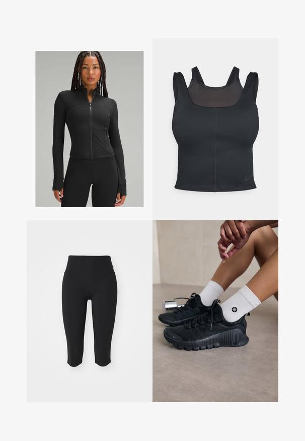Fekete sportos dzseki magas gallérral, teljes cipzárral, testre szabott fazonnal, lapos varrásokkal és hüvelykujjlyukkal a mandzsettákon. Simább, rugalmas anyag.; Fekete sportrész a testhezálló kialakítása, széles pántjai és hálós borítása miatt. Sima tapintás és minimális varrások. Nike logó a szegélyén.; Fekete capri leggings magas derékkal, sima, rugalmas anyagból készültek. Egyszerű dizájnnal rendelkeznek, látható fémrészek vagy minták nélkül.; Fekete sportcipők texturált anyagból, fűzős kialakítással és hangsúlyos talppal, fehér bordás zoknikkal párosítva, melyek kis logóval rendelkeznek.