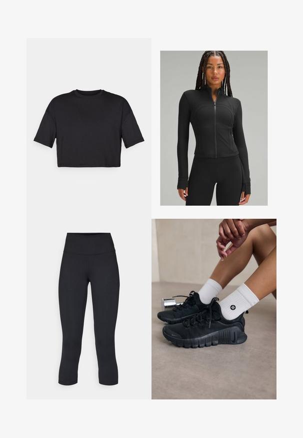 Sort atletisk jakke med høj krave, fuld lynlås, tætsiddende design, flade sømme og tommelhuller ved manchetterne. Glat, strækbart stof.; Sort cropped t-shirt lavet af blødt stof, med en rund halsudskæring og korte, brede ærmer, med et enkelt, sømløst design.; Sorte cropped leggings lavet af stretchy materiale, med en høj talje og blød tekstur, uden synlige mønstre eller hardware.; Sorte træningssko med struktureret stof, snørebåndsdesign og en markant sål, parret med hvide ribbede sokker med et lille logo.