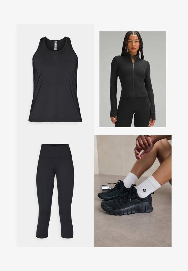 Schwarze Sportjacke mit hohem Kragen, durchgehendem Reißverschluss, figurnaher Passform, flachen Nähten und Daumenöffnungen an den Bündchen. Glattes, elastisches Material.; Schwarzes ärmelloses Sporttanktop aus atmungsaktivem Material, mit einem subtilen Netz-Akzent in dreieckiger Form nahe dem Ausschnitt.; Schwarze, cropped Leggings aus dehnbarem Material, mit einem hohen Bund und glatter Textur, ohne sichtbare Muster oder Hardware.; Schwarze Sportschuhe aus strukturiertem Stoff, mit Schnürdesign und auffälliger Sohle, kombiniert mit weißen gerippten Socken, die ein kleines Logo tragen.
